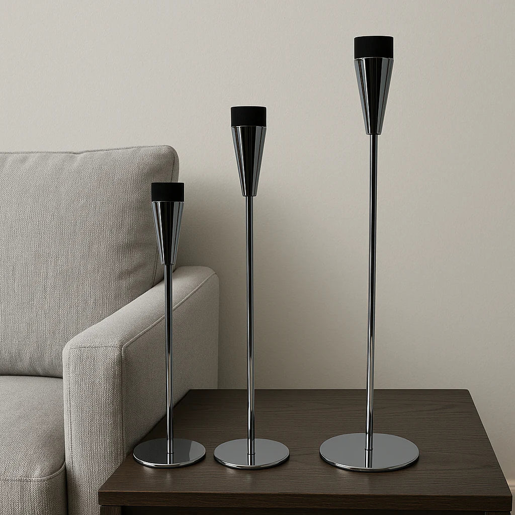 Luxe Trio Chrome & Matte Black Contemporary Candle Holders