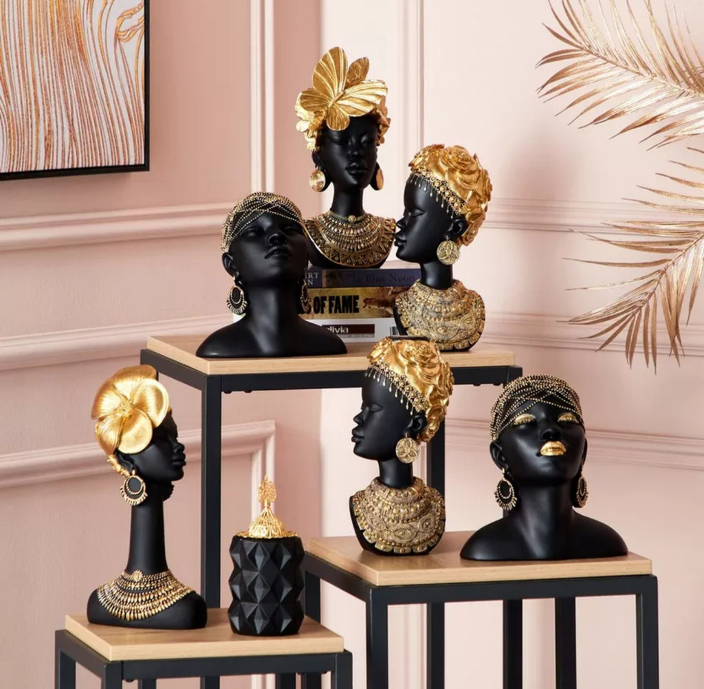 Luxury African Queen Bust – Black & Gold Resin Sculpture for Modern Home Decor