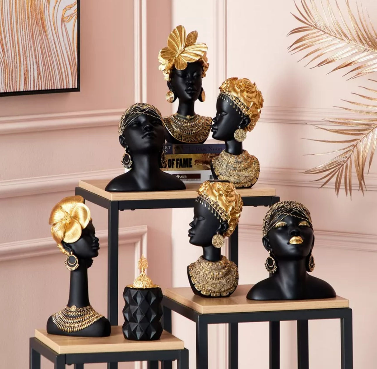 Luxury African Queen Bust – Black & Gold Resin Sculpture for Modern Home Decor