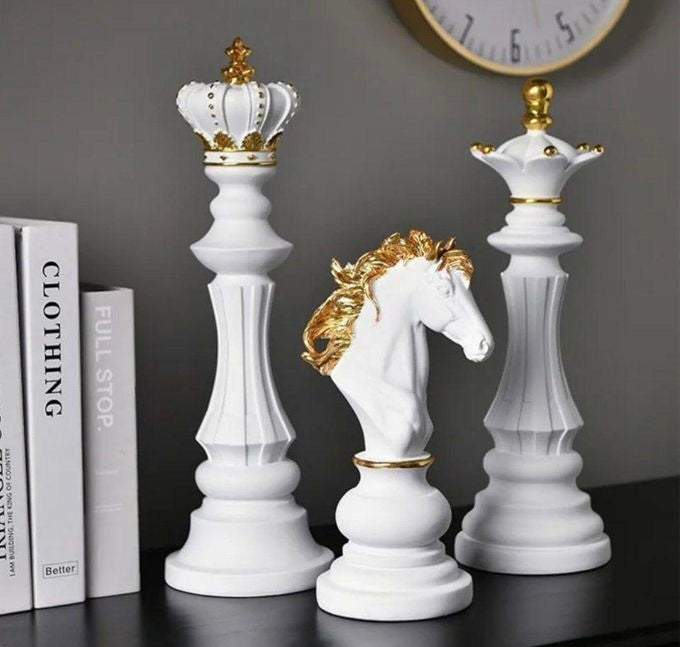 Regal Chess Piece Sculptures – White , black and Gold Luxury Décor Set 