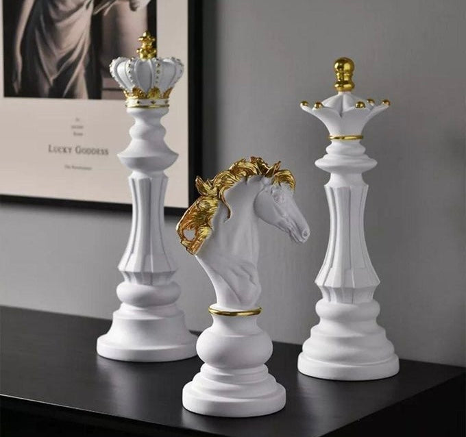 Regal Chess Piece Sculptures – White , black and Gold Luxury Décor Set 