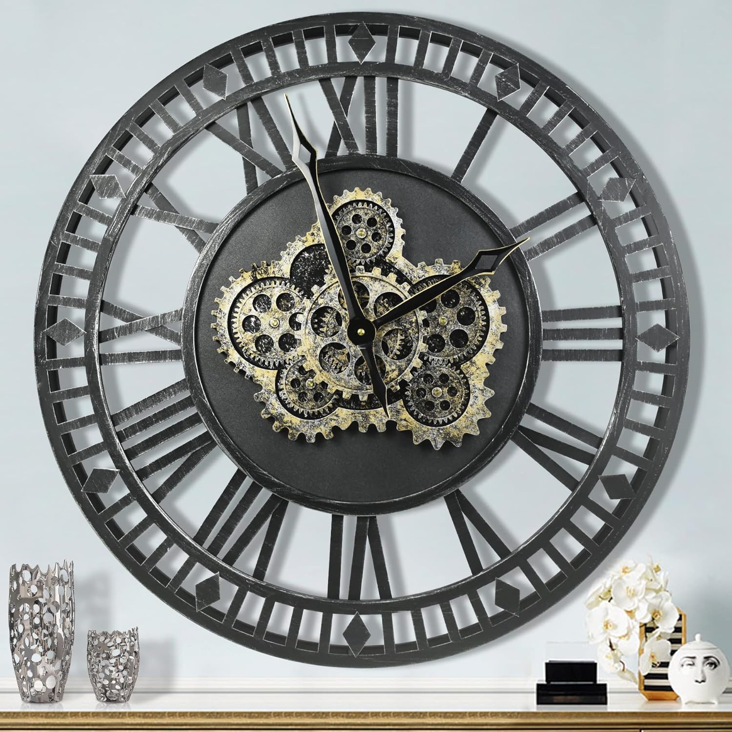 Vintage Industrial Gear Clock – Metal Roman Wall Art with Real Moving Gears | Luxury Statement Timepiece