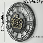 Vintage Industrial Gear Clock – Metal Roman Wall Art with Real Moving Gears | Luxury Statement Timepiece