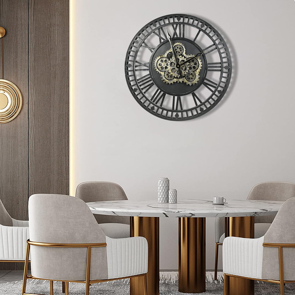 Vintage Industrial Gear Clock – Metal Roman Wall Art with Real Moving Gears | Luxury Statement Timepiece