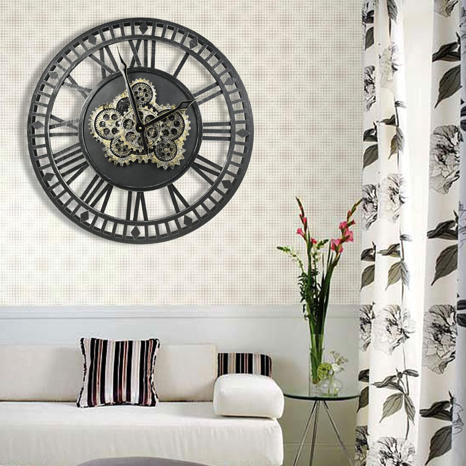 Vintage Industrial Gear Clock – Metal Roman Wall Art with Real Moving Gears | Luxury Statement Timepiece