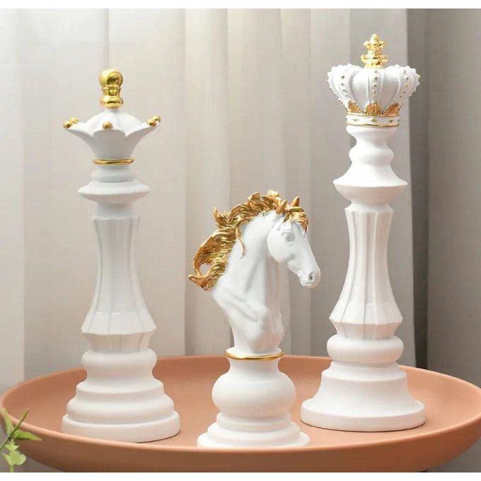 Regal Chess Piece Sculptures – White , black and Gold Luxury Décor Set 