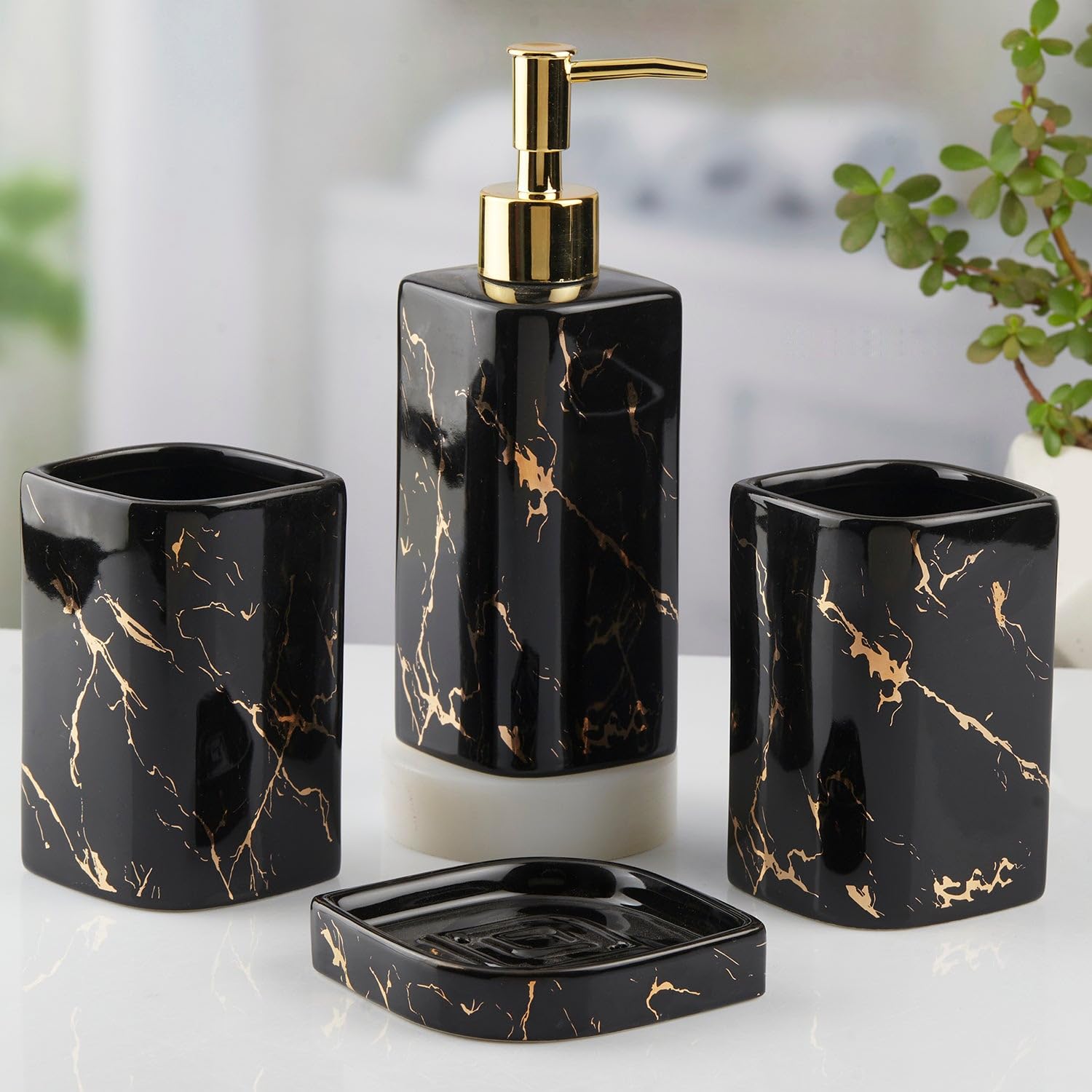 Luxury Black Marble Bathroom Accessory Set with Gold Accents