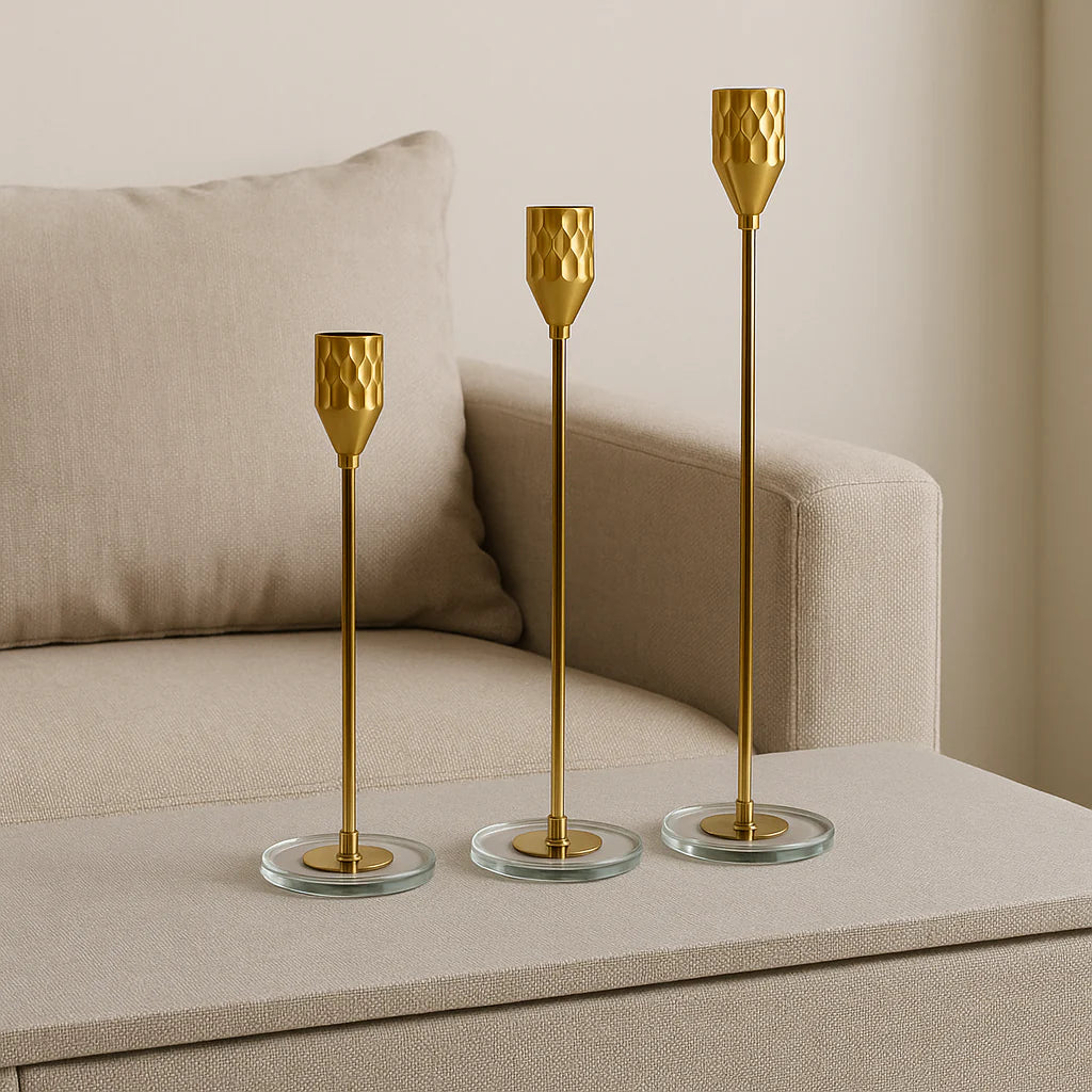 Set of Three Modern Gold-Tone Textured Candle Holders