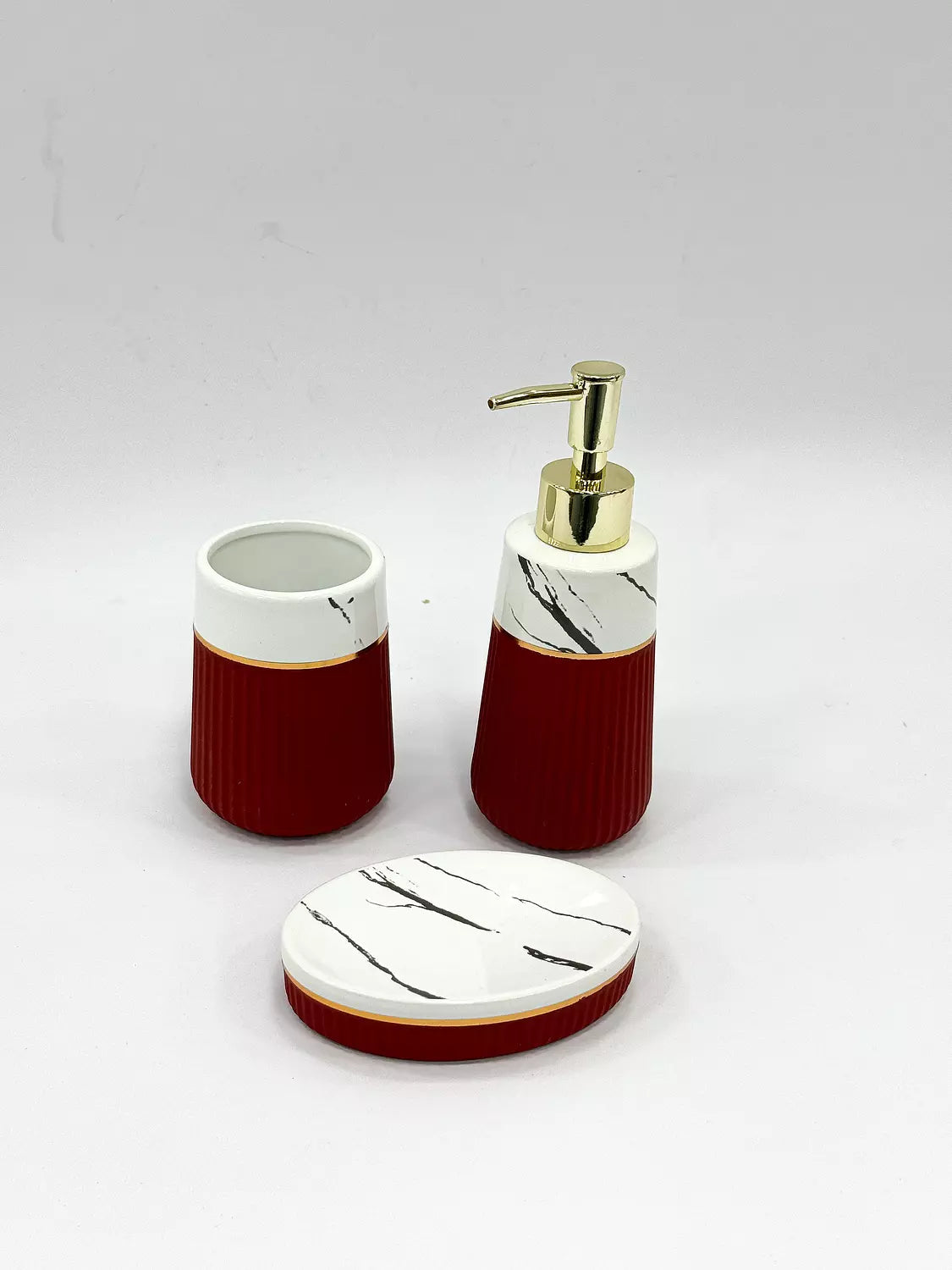 Elegant Red and Marble Bathroom Accessory Set